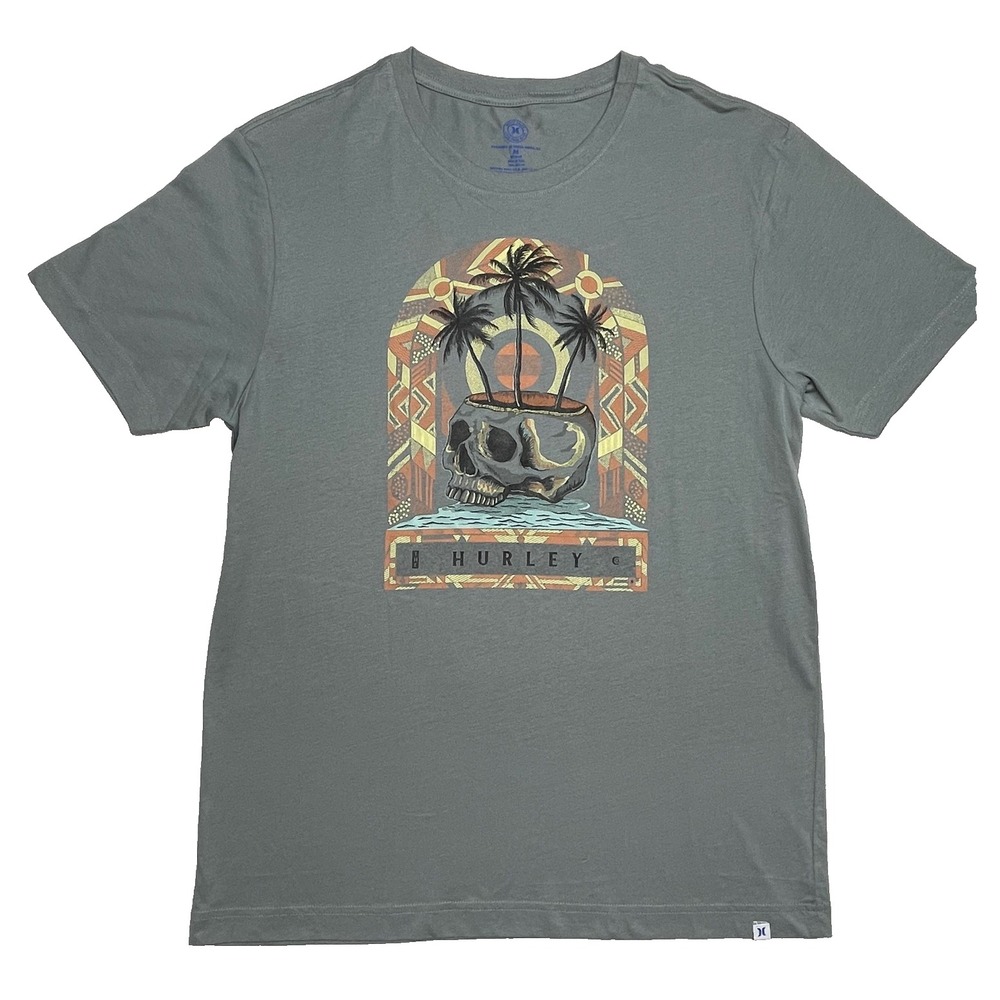 Hurley Skull Palm Tree T-Shirt Men's Medium Grey